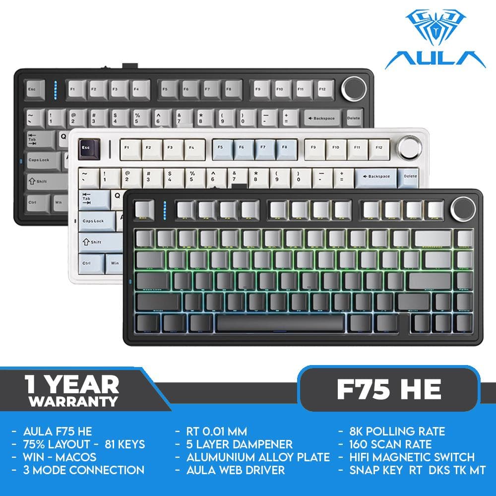 AULA F75 HE / F75HE - 8K - 75% - 3 Mode - SOCD - Esports Hall Effect - Magnetic Switch - Rapid Trigger - RGB - Mechanical Keyboard
